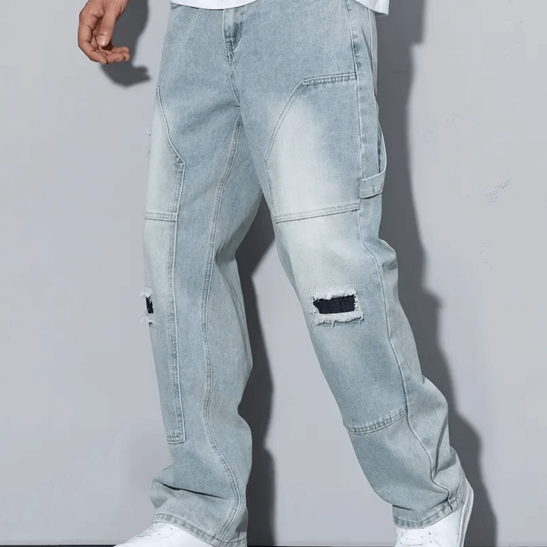 Men's high-end retro ripped patchwork light-colored jeans