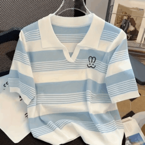 Women's Summer Striped Embroidered Polo Collar T-Shirt